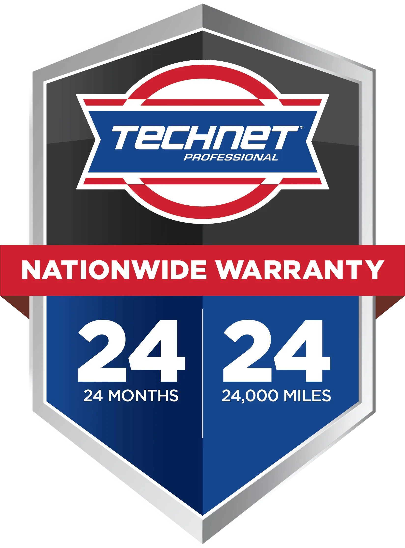 A shield with the words `` nationwide warranty '' on it.